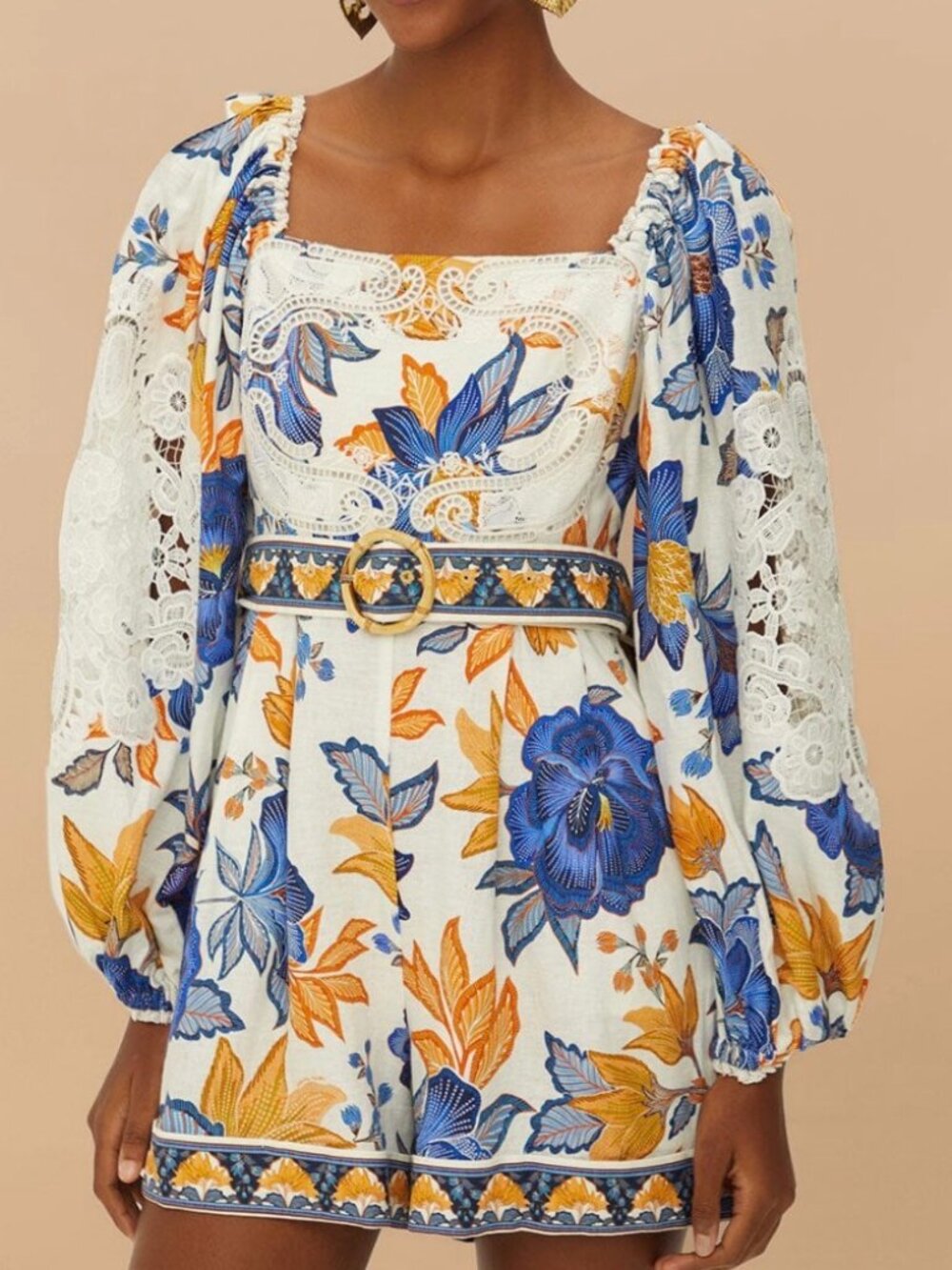 NWT (Other) Farm Rio Floral Lace-Trim Linen Blend Romper. Size M